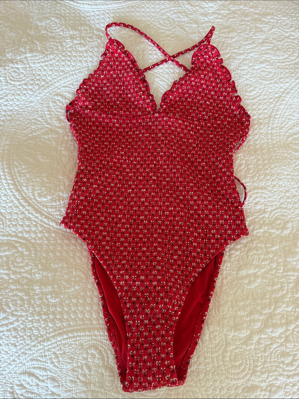 J Crew Red Smocked One-Piece Swim
